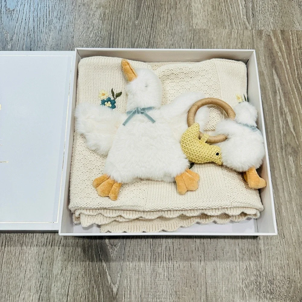 Pottery Barn Kids Chris Loves Julia Duck Gift Set Blanket Lovey Rattle 3pc Cream